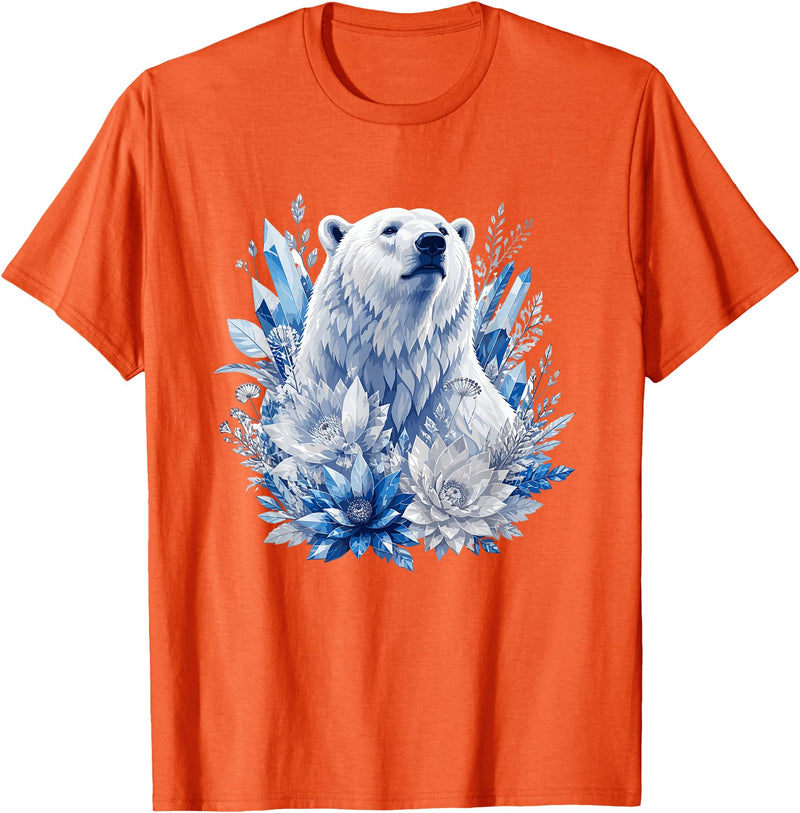 Arctic Polar Bear Crystal Flowers Nature Majestic Arctic Polar Bear with Ice Flowers Fantasy T-Shirt - Orange
