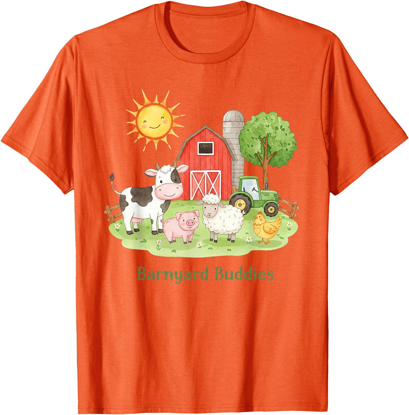 Little Barnyard Farm Apparel For Toddler & Kids Barnyard Buddies Cute Cow Sheep Pig Hen On The Farm Barnyard T-Shirt - Orange