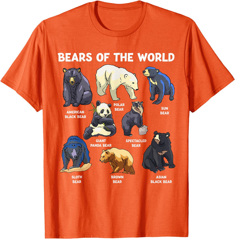 GoshWow Bears of The World Kawaii Types of Bears Wildlife Zoo Bear T-Shirt - Orange