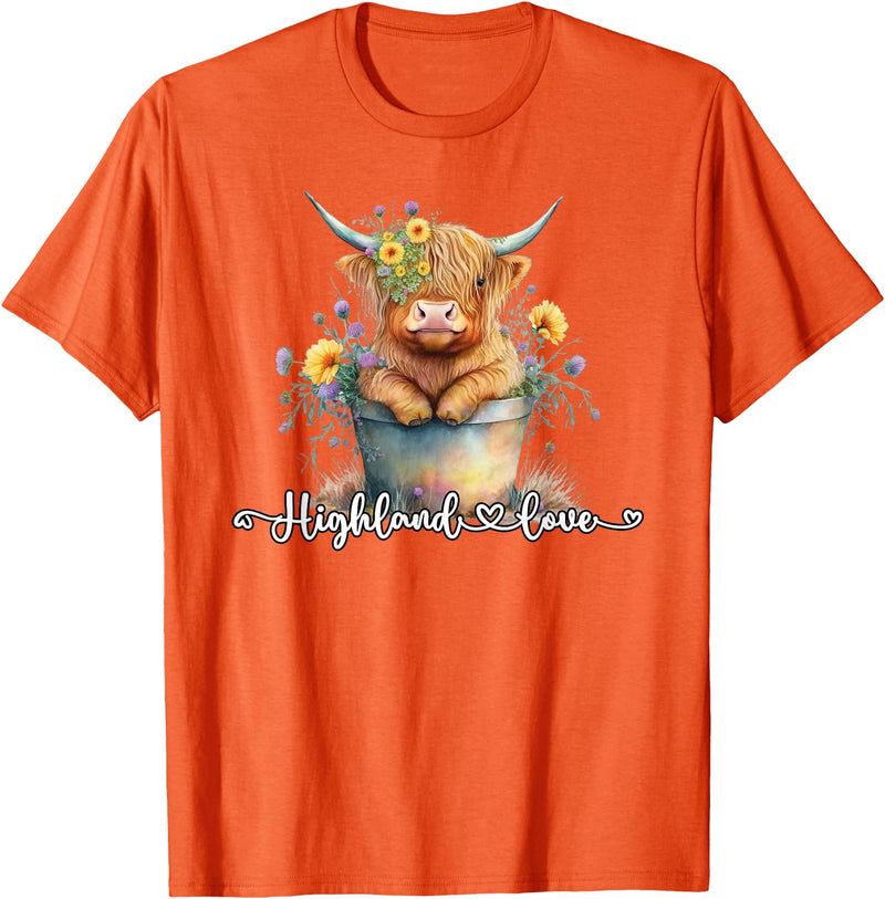 KAEDAM Gifts: Highland Cows Cute Baby Highland Cow Calf Love Spring Pastel Novelty T-Shirt - Orange