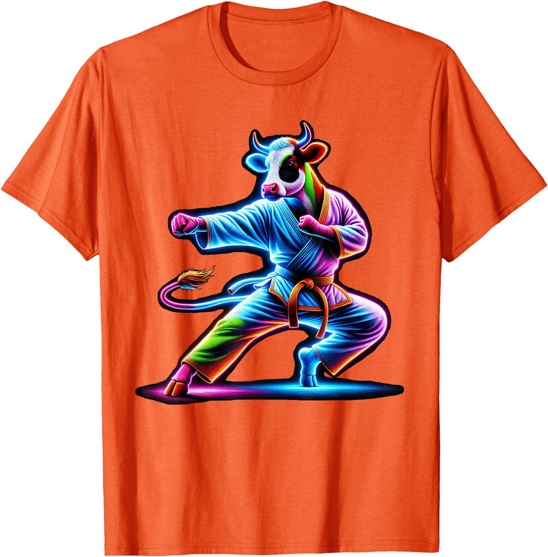 Cow Karate Black Belt Apparel Cow Karate Kick Punch Cute Funny Cool Martial Arts Cow T-Shirt - Orange
