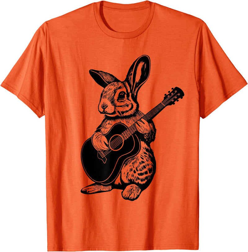 Bunny Playing Acoustic Guitar Easter Rabbit Women, Men, Kids T-Shirt in Orange