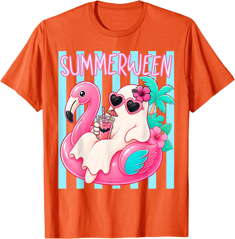 Funny Summerween Ghost Summer Halloween Vacation Summerween Funny Ghost Halloween Summer Floating in Flamingo T-Shirt -