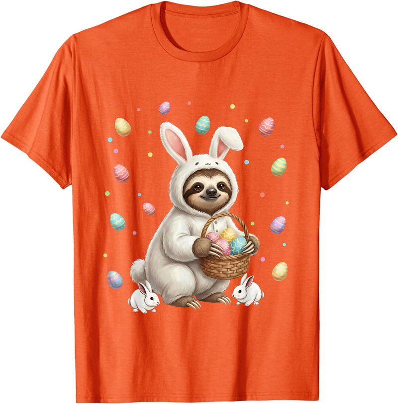 Cute Easter Bunny Rabbit with Eggs Whimsical Sloth Design T-Shirt in Orange