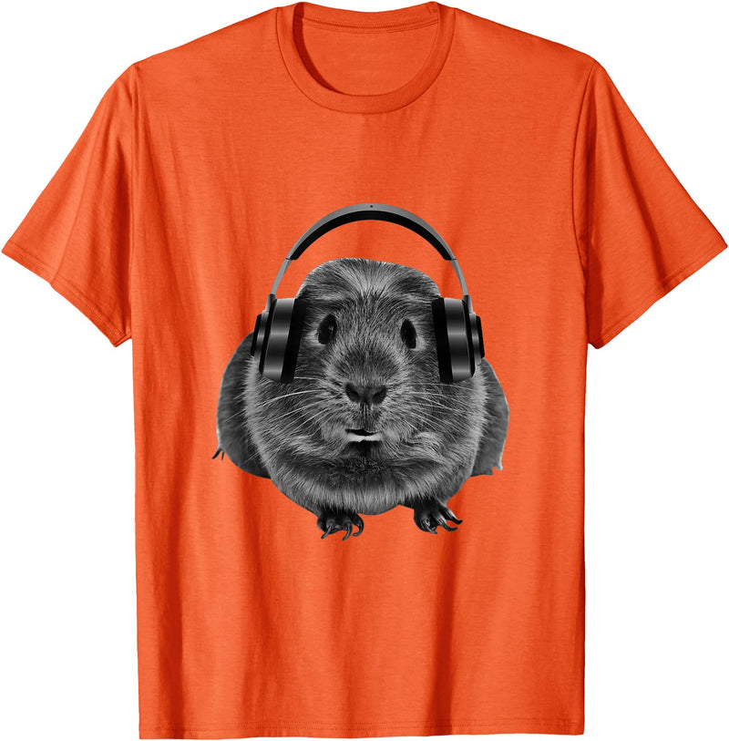 ROSS BOSS Funny Guinea Pig Graphic Tees Guinea Pig Shirt Headphones T-Shirt - Orange