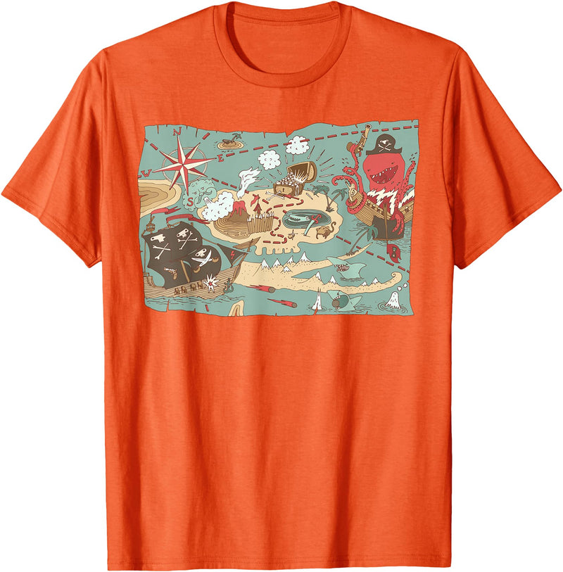 Mel & Bear Treasure Map Ship Sharks Pirates & Skulls Shirt Boys Kids T-Shirt - Orange