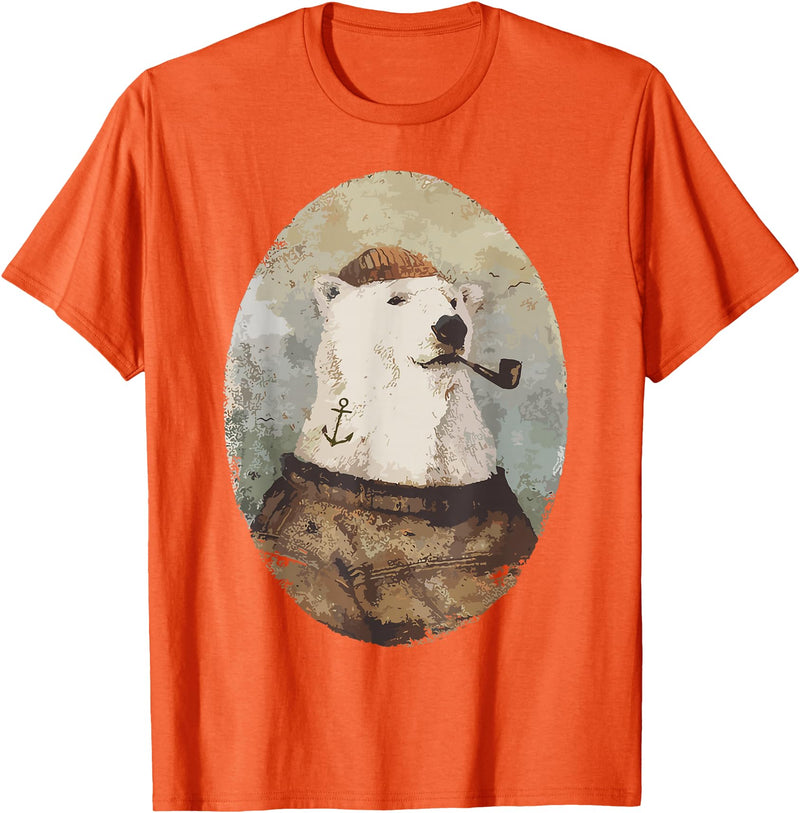 Polar bear Sailor Oil paint Inspired Cool Captain Polar Bear T-Shirt - Orange