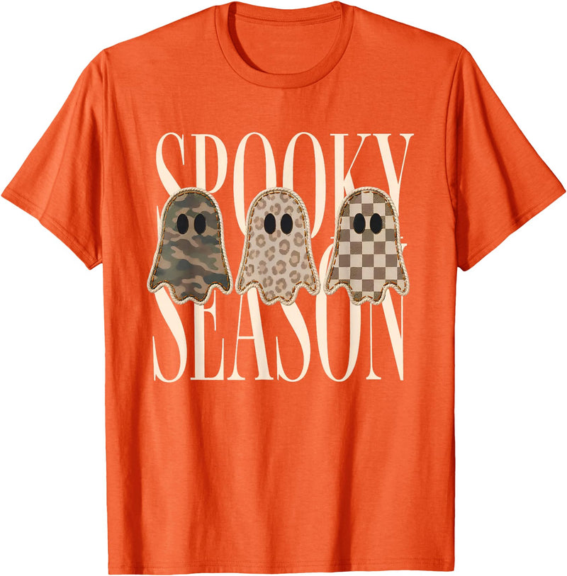 Spooky Season Ghost Halloween Shirt Spooky Season Leopard Camo Checkered Ghost Halloween Fall T-Shirt - Orange