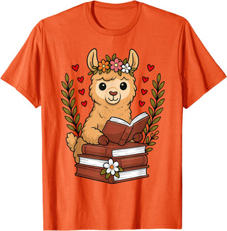 Bookworm Cute Llama Reading Book Llama Reading Book Graphic Llama with Book Floral T-Shirt - Orange