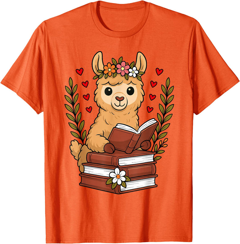 Bookworm Cute Llama Reading Book Llama Reading Book Graphic Llama with Book Floral T-Shirt - Orange