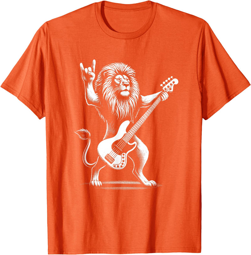 Funny Guitar Lion Lovers Costume for Guitarist Rock n Roll Lion Playing Guitar Funny Men Women Lion T-Shirt - Orange