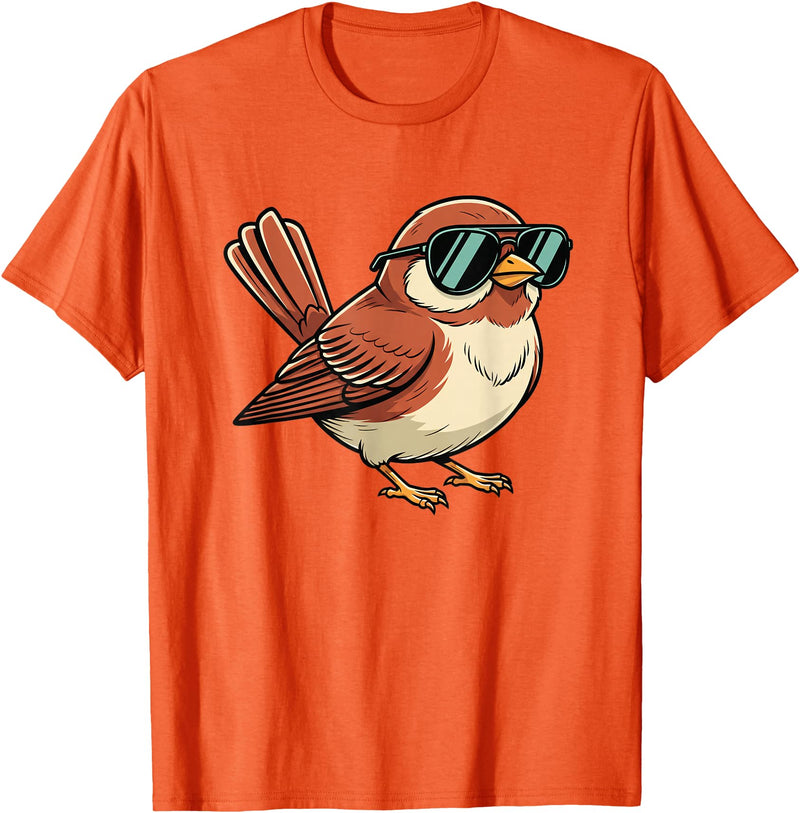 Chipper Feather Co Bird: Sparrow in Sunglasses, Cool Cartoon Avian Attitude T-Shirt - Orange