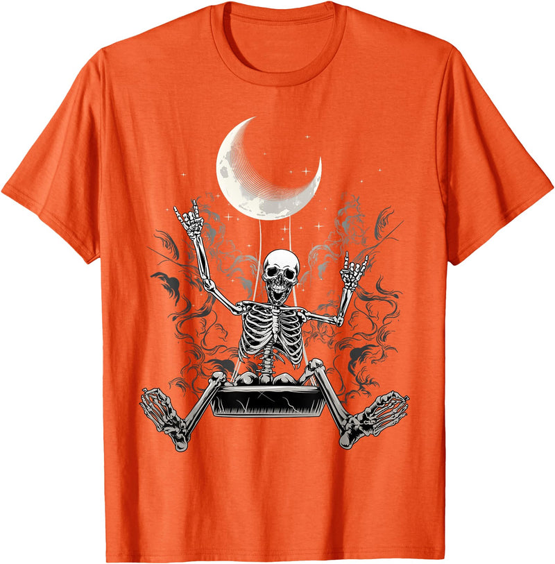 Skeleton Love Halloween Moon Skeleton Rock On Hand Spooky Halloween Rock Concerts T-Shirt - Orange