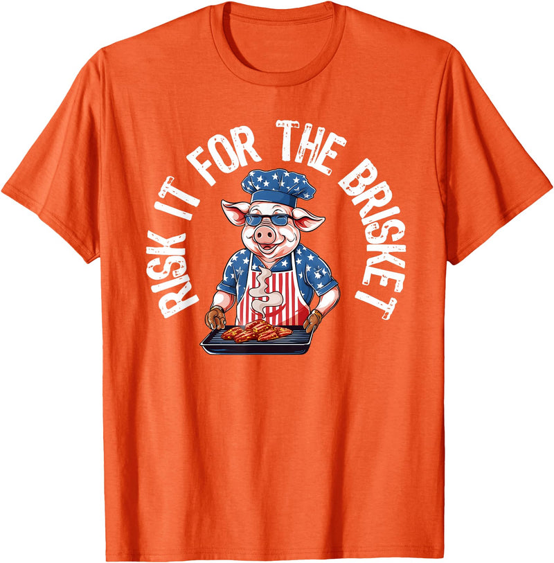 Funny Grill Pig Barbeque Pitmaster Designs for Men Risk It For The Brisket Funny Pig Grilling Barbecue Pork BBQ T-Shirt - Orange