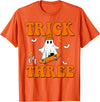 3 Year Old Boy Birthday Gift For Spooky Boys Kids Trick or Three 3rd Halloween Birthday Ghost Skateboarding T-Shirt - Orange