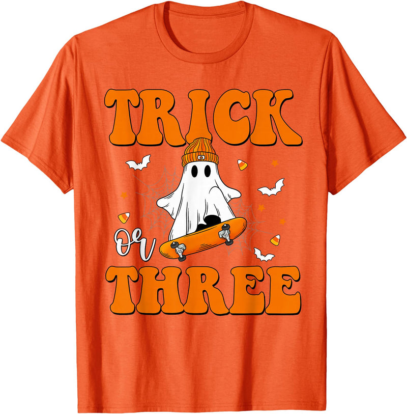 3 Year Old Boy Birthday Gift For Spooky Boys Kids Trick or Three 3rd Halloween Birthday Ghost Skateboarding T-Shirt - Orange