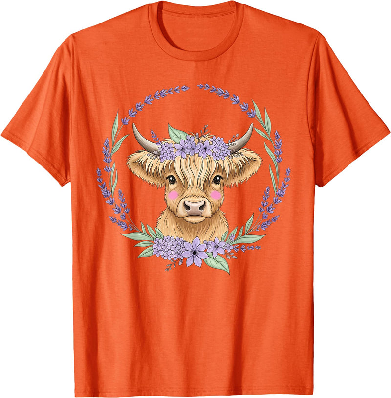 Unique Highland Cow Gifts Girls Cute Baby Highland Cow Design Purple Flowers Farm Toddler T-Shirt - Orange