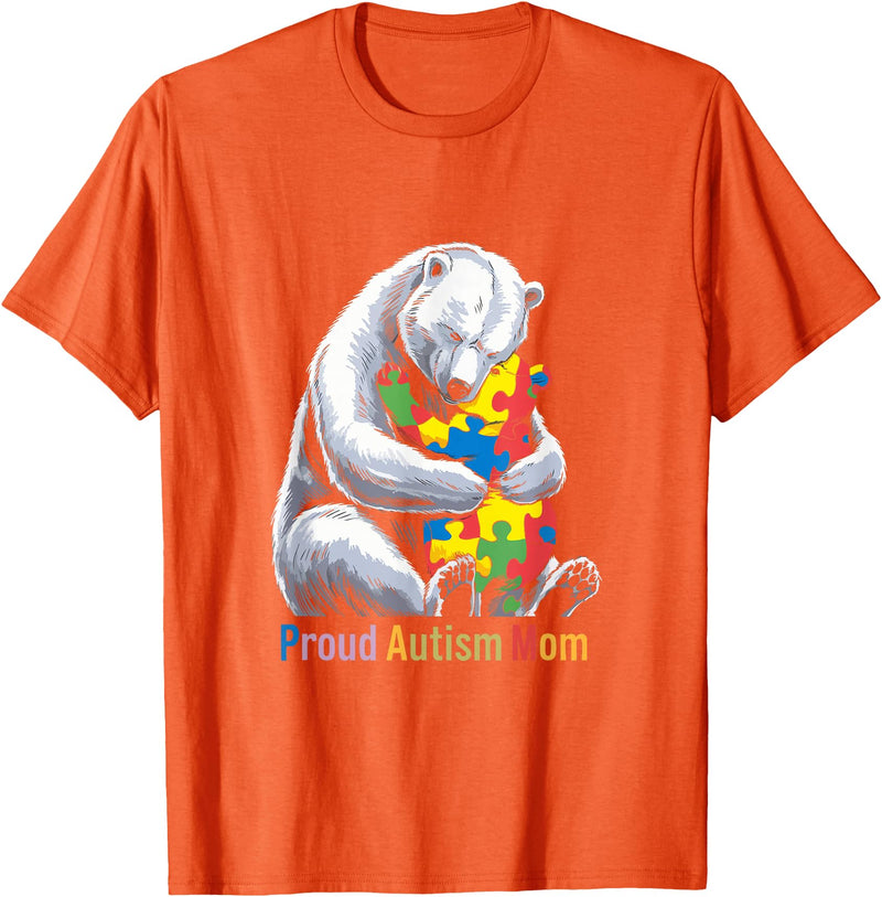 Autism Mama Mom Bear Support Autism Proud Autism Mom Bear Autism Awareness Month T-Shirt - Orange