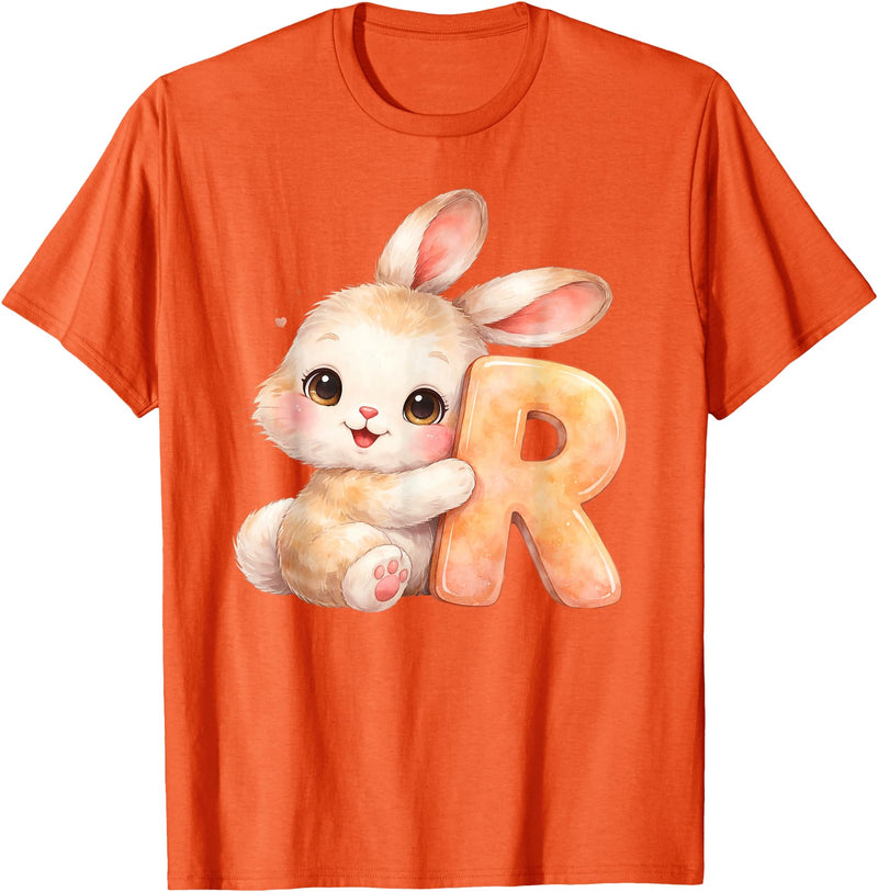 Letter R Rabbit Watercolor Cute Baby Animal Alphabet Initial T-Shirt in Orange