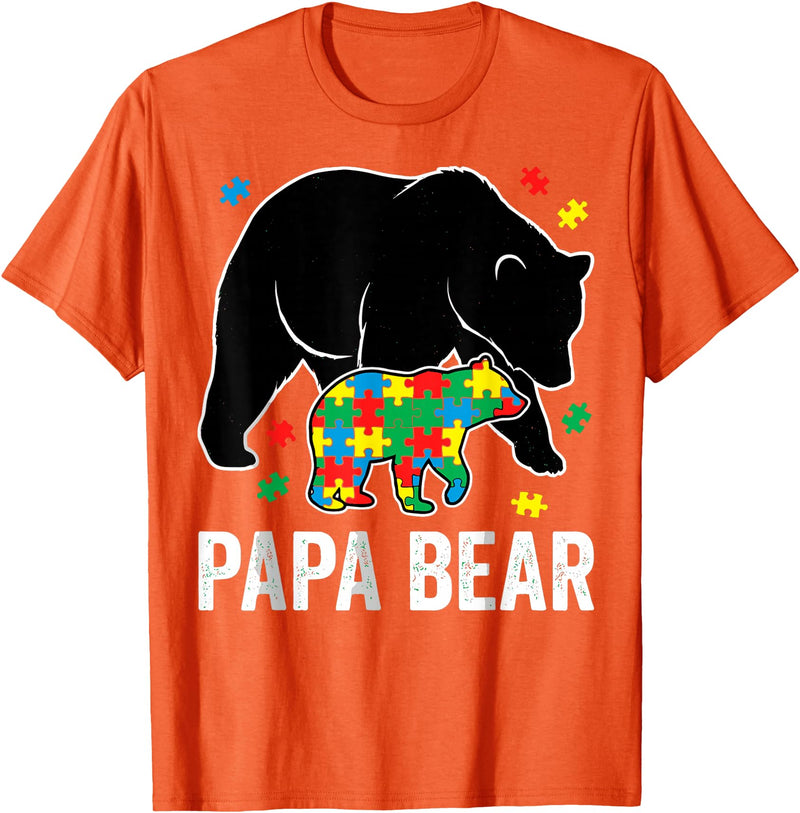 Autism Awareness Neurodiversity Support Apparel Papa Bear Autism Awareness Puzzle Neurodiversity Support T-Shirt - Orange