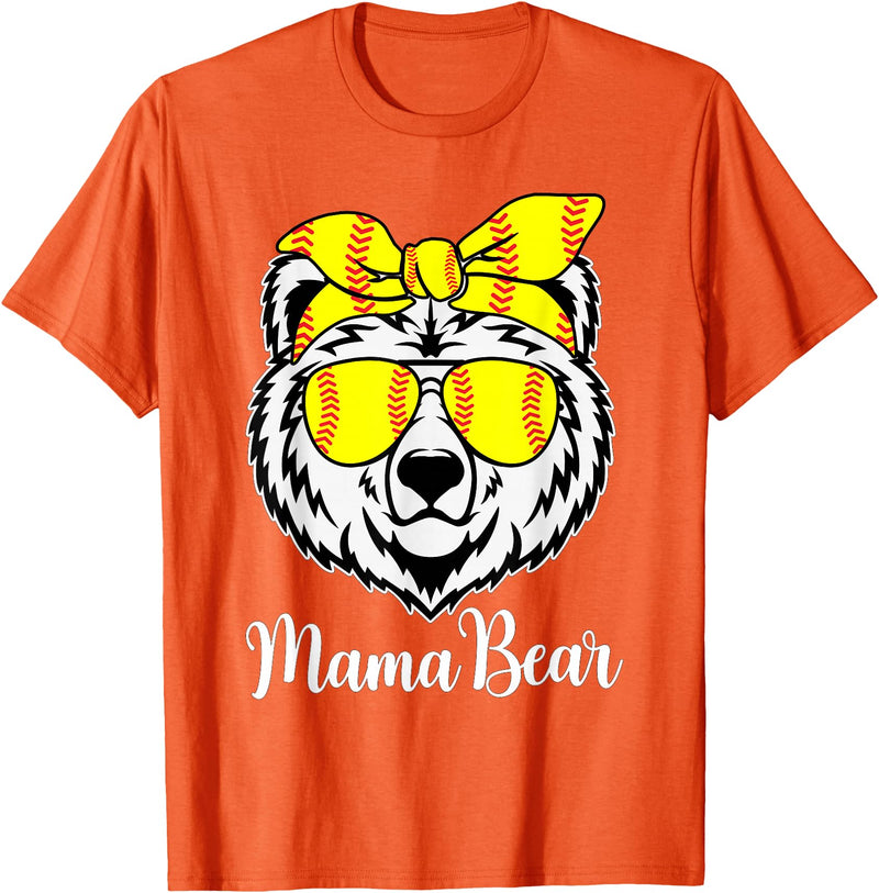 Mama Bear Face Apparel Softball Mama Bear With Sunglasses Bandana Momma Mothers Dy T-Shirt - Orange