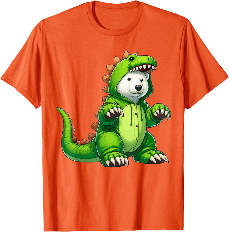 Scary Polar Bear Dinosaur Halloween Lazy Costume Polar Bear Wearing Dinosaur Costume Halloween Cosplay T-Rex T-Shirt - Orange