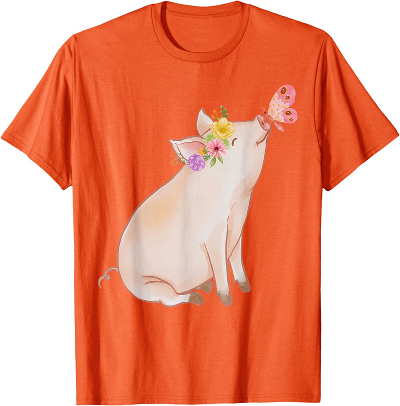 Watercolor Pink Pig With Floral And Butterfly Farm Design T-Shirt - Orange