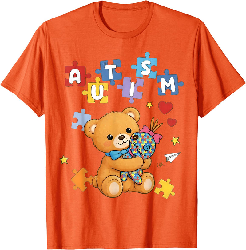 Cute Autism Awareness Puzzle Cute Autism Awareness Bear Colorful Puzzle T-Shirt - Orange