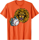 Lion Sports Team Mascot Baseball or Softball Ball Lion Sports Lions Team Mascot Holding Baseball Softball Ball T-Shirt - Orange