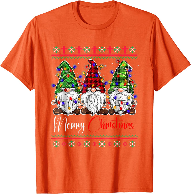 Xmas Lights Gnomes Holiday Graphics Merry Christmas Leopard Buffalo Red Plaid for Men Women T-Shirt - Orange