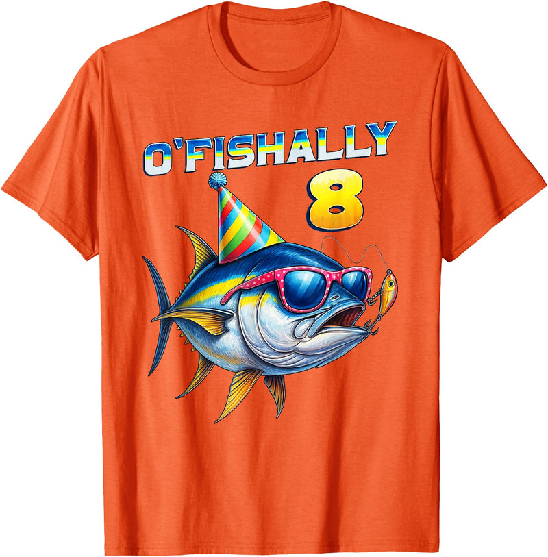 Fishing Themed Birthday Party O'fishally 8 Years Old Funny Fishing 8th Birthday Tuna Fish T-Shirt - Orange