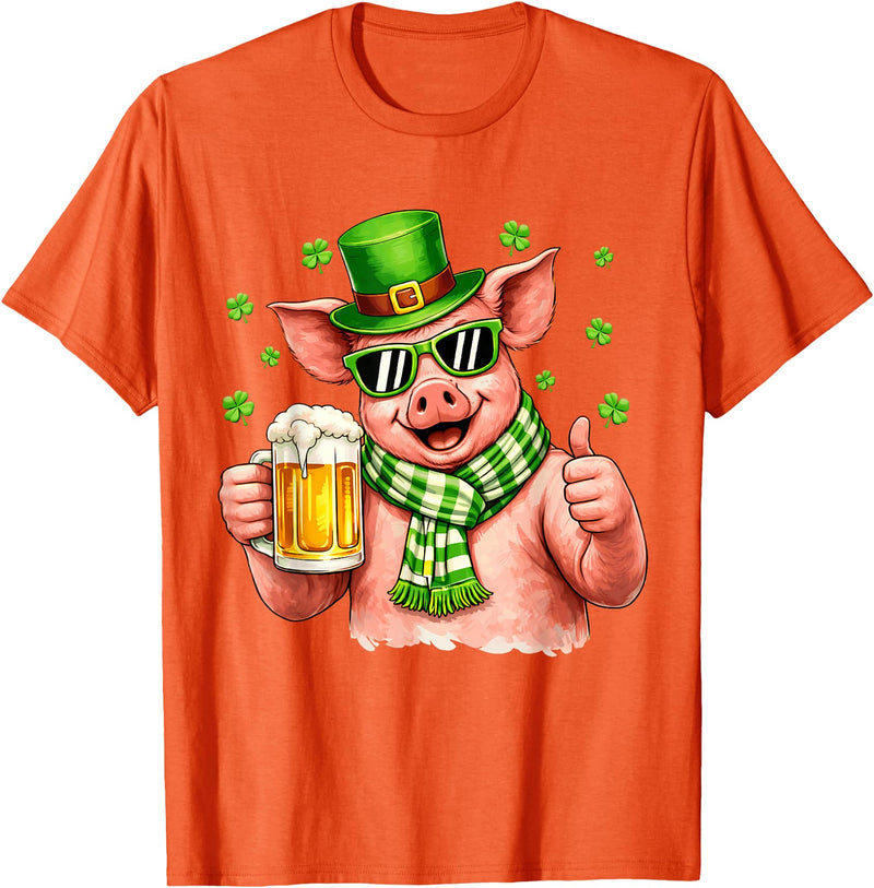 Amt Pig & Drinking Beer Lovers Saint Patrick's Day Funny Pig Drinking Beer Leprechaun Shamrocks St Patricks Day T-Shirt - Orange