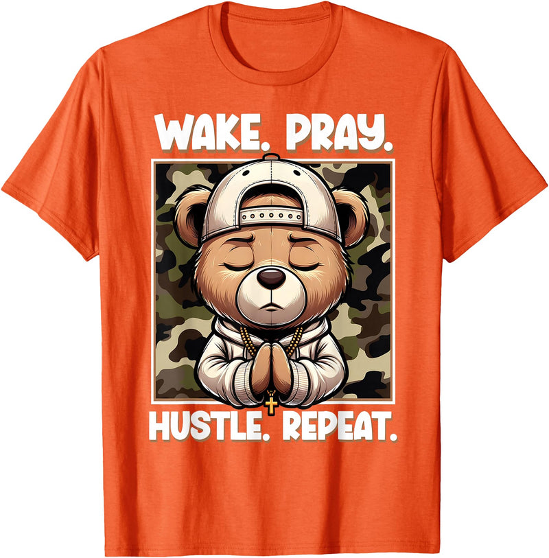 Camouflage Hip Hop Teddy Bear Hustle Grind Designs Wake Pray Hustle Repeat Hip Hop Teddy Bear Boys Teens Camo T-Shirt - Orange