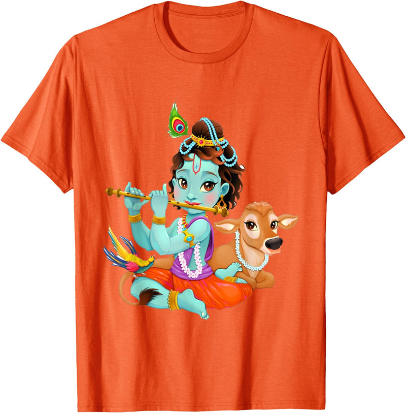 Clever Witty Designs Hindu god Lord Shri Krishna with a Cow and a Bird T-Shirt - Orange