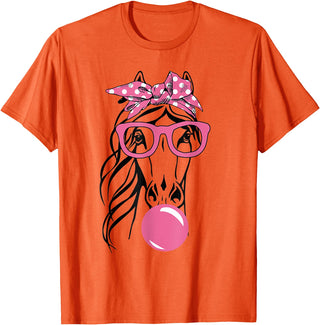 Funny Horses Lover Ladies Cute Horse Bandana Headband Glasses T-Shirt - Orange