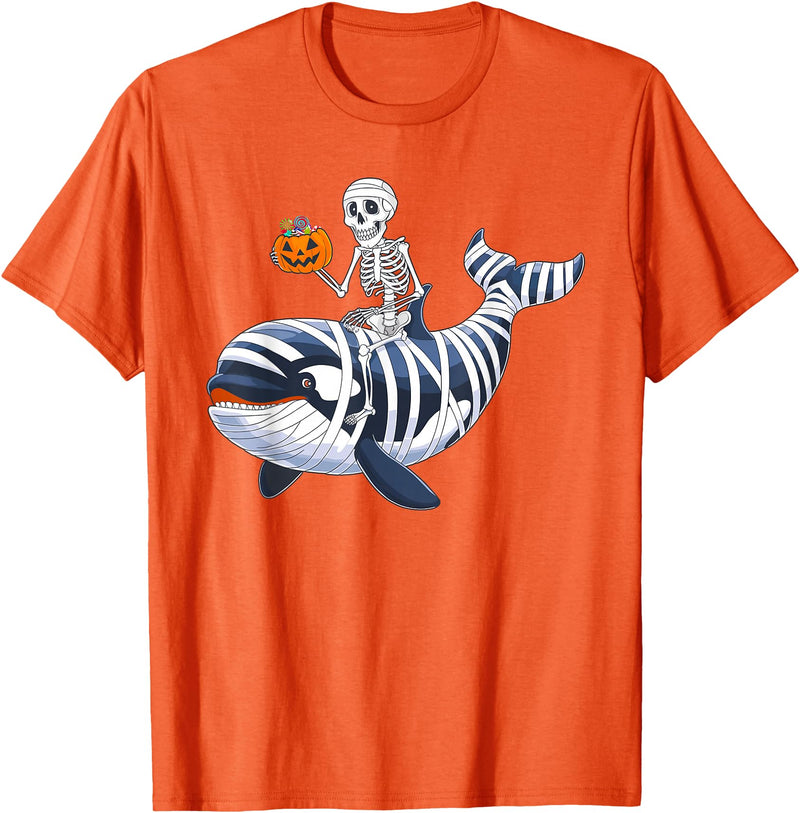 Orca Skeleton Halloween Whale Apparel Co. Skeleton Riding Mummy Orca Halloween Candy Whale T-Shirt - Orange