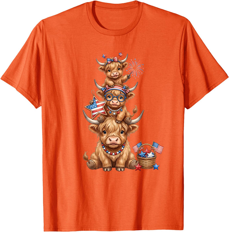 Funny 4th Of July Highland Cow Apparel Cute Highland Cow 4th of July Patriotic American Flag T-Shirt - Orange