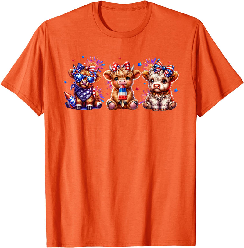July 4th Highland Cow Farm Lovers American Costume Highland Cow Cattle Animal Lover Patriotic 4th of July T-Shirt - Orange