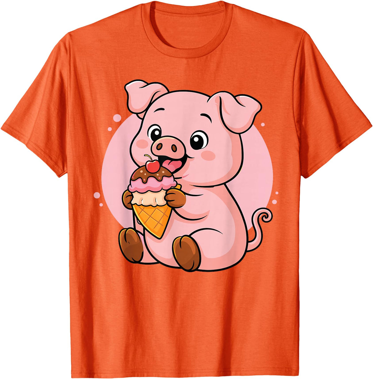 Funny Cute Pig Ice Cream Kawaii Design Pig Eating Ice Cream Graphic Boys Girls Pig Lover T-Shirt - Orange