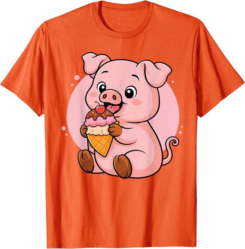 Funny Cute Pig Ice Cream Kawaii Design Pig Eating Ice Cream Graphic Boys Girls Pig Lover T-Shirt - Orange