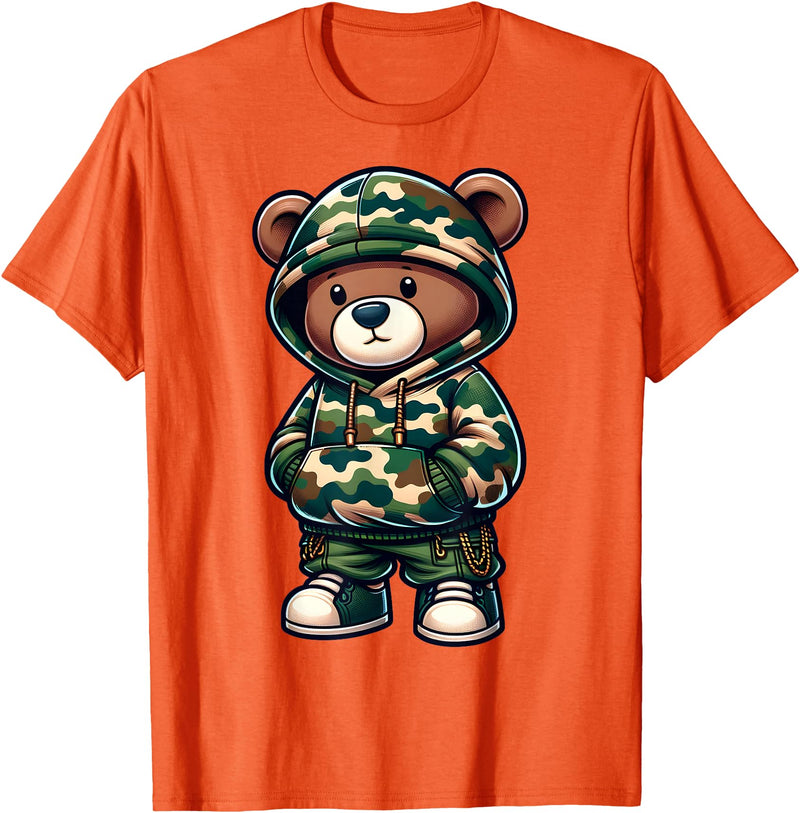 Camo Teddy Bear Hip Hop Designs for Men & Boys Camo Hip Hop Teddy Bear Camouflage Gangsta Streetwear Hustle T-Shirt - Orange