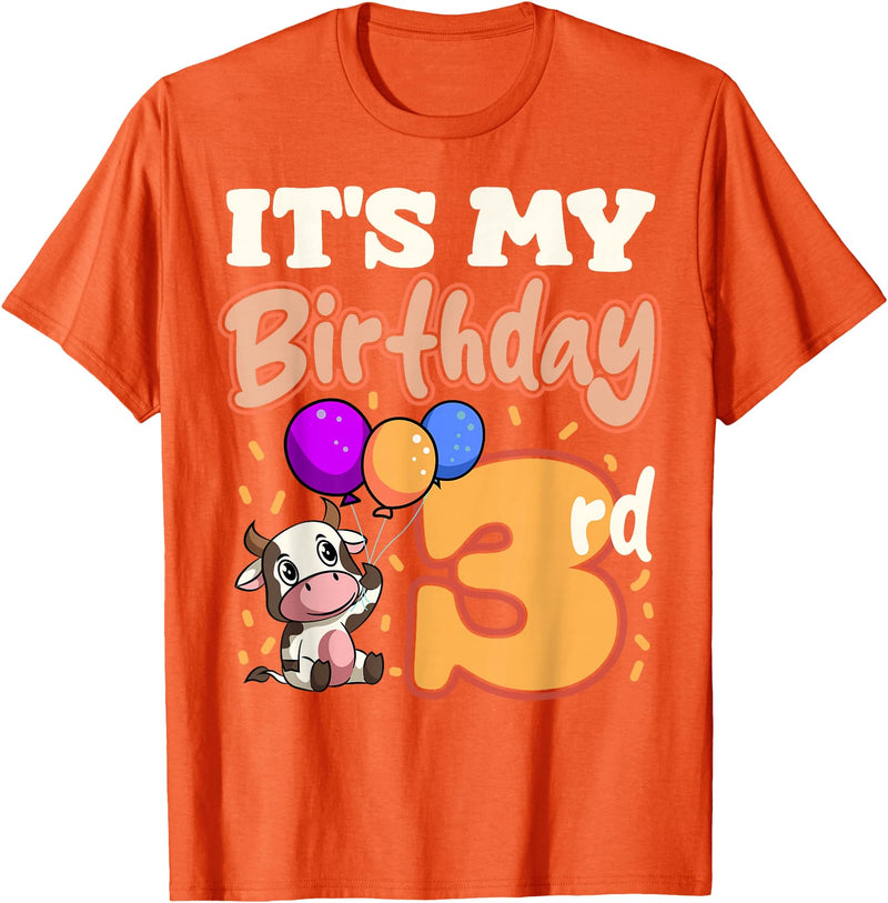 Cow Birthday 3 Party Farmyard Apparel Cow 3rd Birthday Party Balloons Moo Farm Animal Vet Barn T-Shirt - Orange