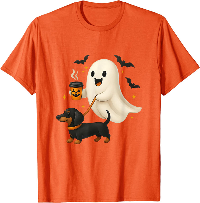 Funny Dachshund Ghost Coffee Dog Lover Halloween Funny Dachshund Ghost Coffee Halloween Wiener Dog Lovers T-Shirt - Orange