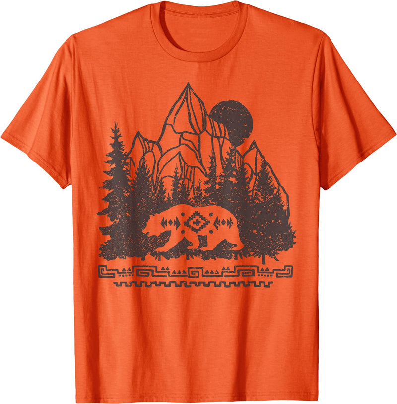 Trendy Apparel Cali Bear Forest And Mountains Background T-Shirt - Orange
