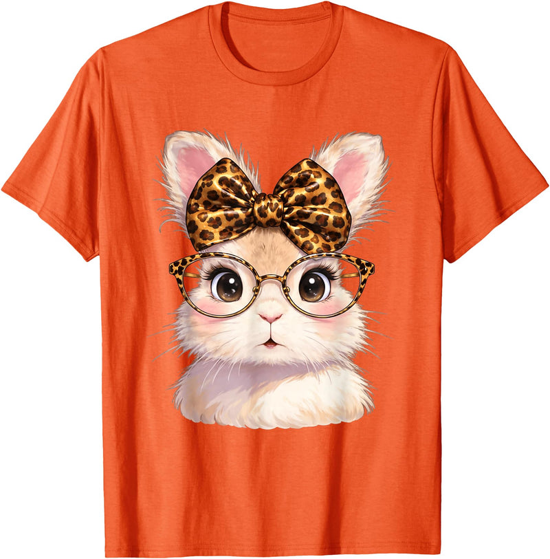 Easter Cute Bunny Rabbit with Glasses Leopard Coquette Bow T-Shirt in Orange
