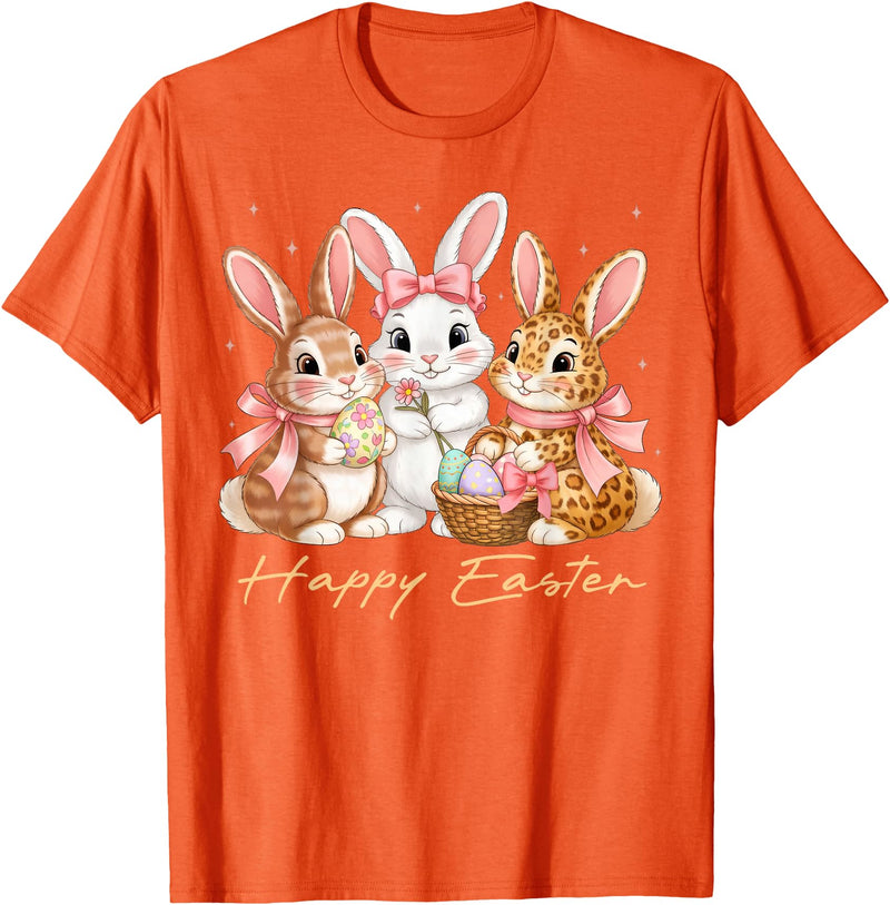 Happy Easter Women Girls Cute Bunny Rabbit Easter Day T-Shirt in Orange