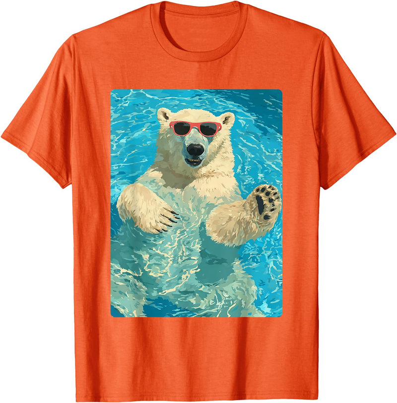 Pool Party Summer Animals Designs Funny Polar Bear with Sunglasses Summer Animal Swimming T-Shirt - Orange