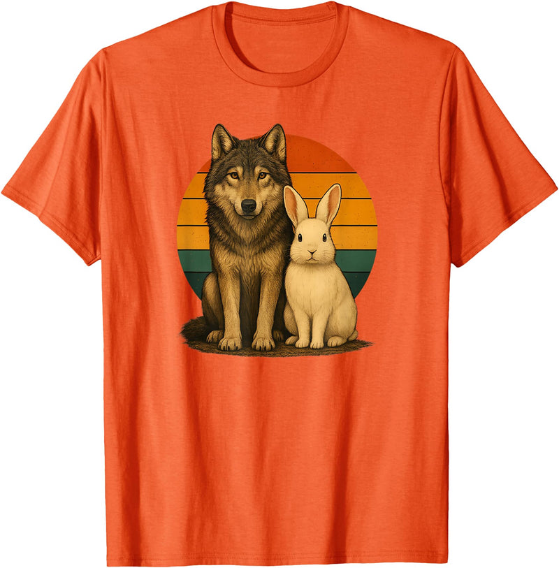 Wolf Rabbit Retro Animal Friends T-Shirt in Orange