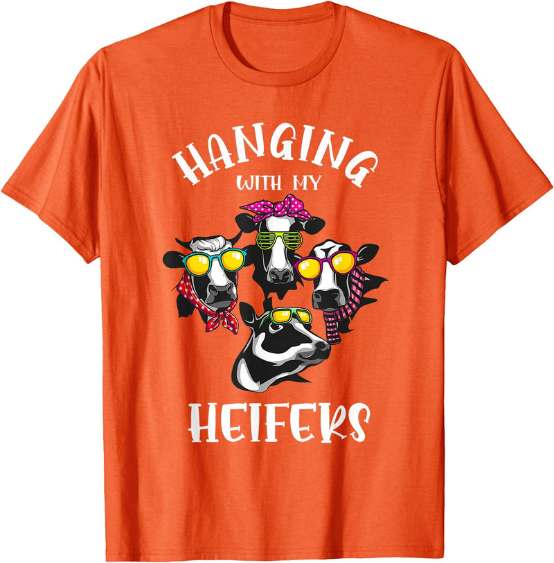 Cute Cow Herder Lady Animal Farm Lover Designs Funny Hanging with My Heifers Gift for Women Cow Farmer Girl T-Shirt - Orange