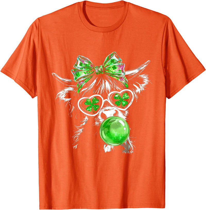 Funny St Patrick’s Day Shamrock Irish Cow Lover Coquette Highland Cow St Patrick’s Day Lucky Irish Cow Lover T-Shirt - Orange